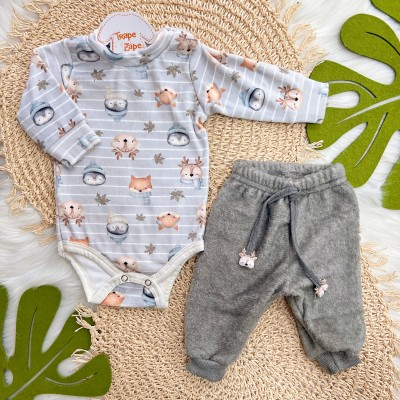 Conj. Body Manga Longa Bichinhos do Inverno e Calça em Plush - Cinza